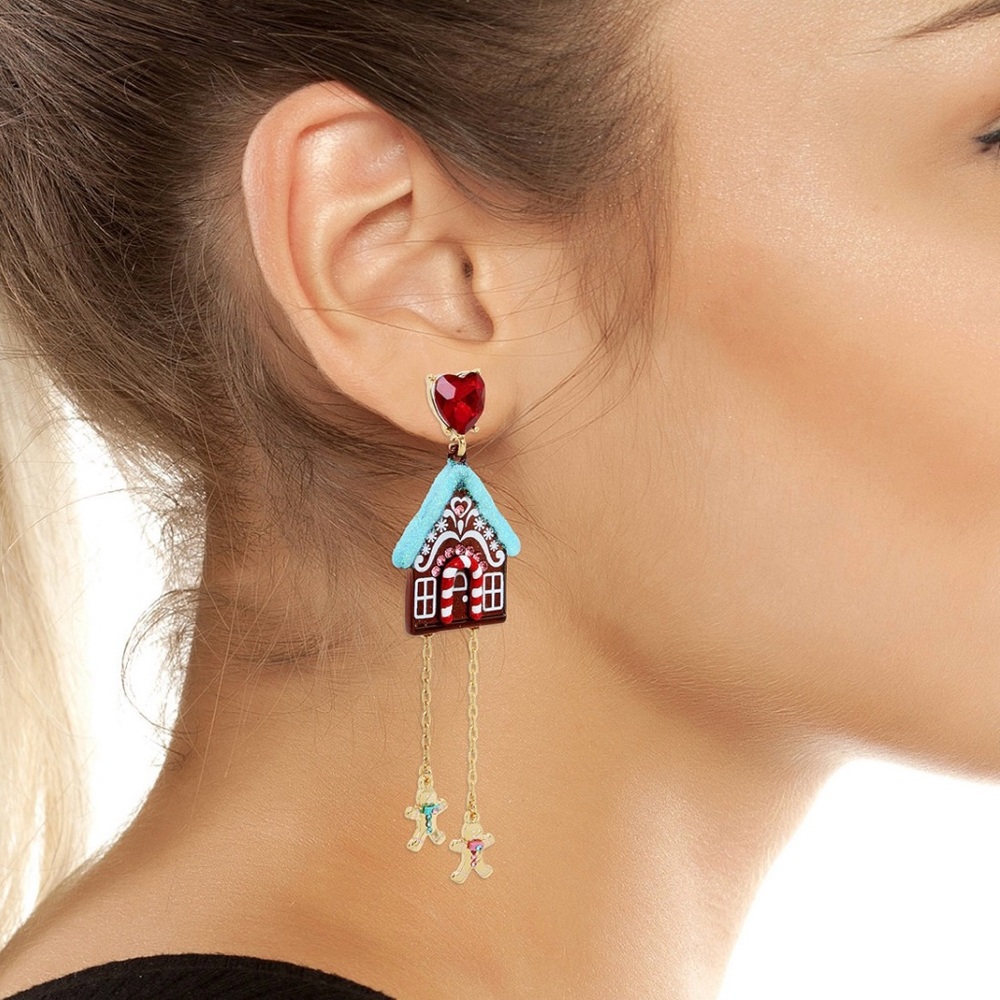 New! Betsey Johnson Jingle Bell Bling Christmas Gingerbread Mismatched Earrings - Picture 4 of 6